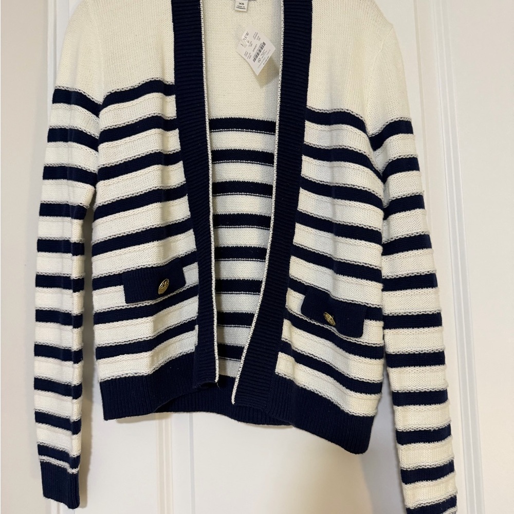 J Crew navy and white cardigan with gold buttons
